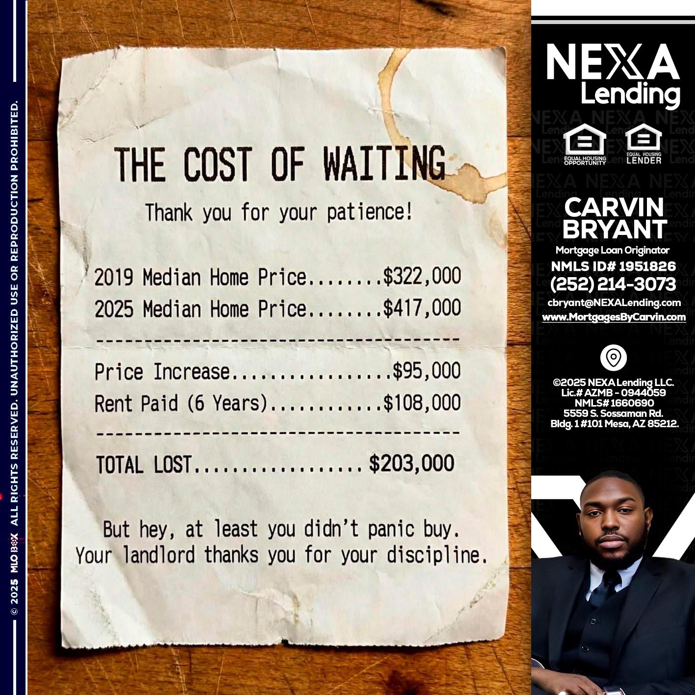 THE COST OF WAITING - Carvin Bryant -Mortgage Loan Originator